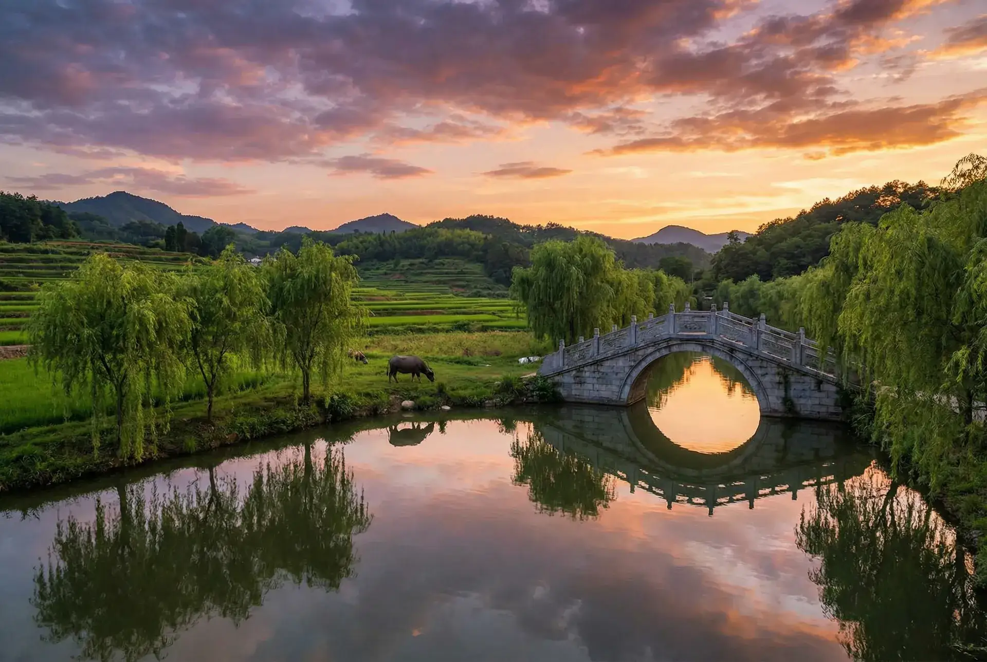 夕阳下的石拱桥与垂柳，水牛在河边吃草 - 亚洲1234 乡村美景